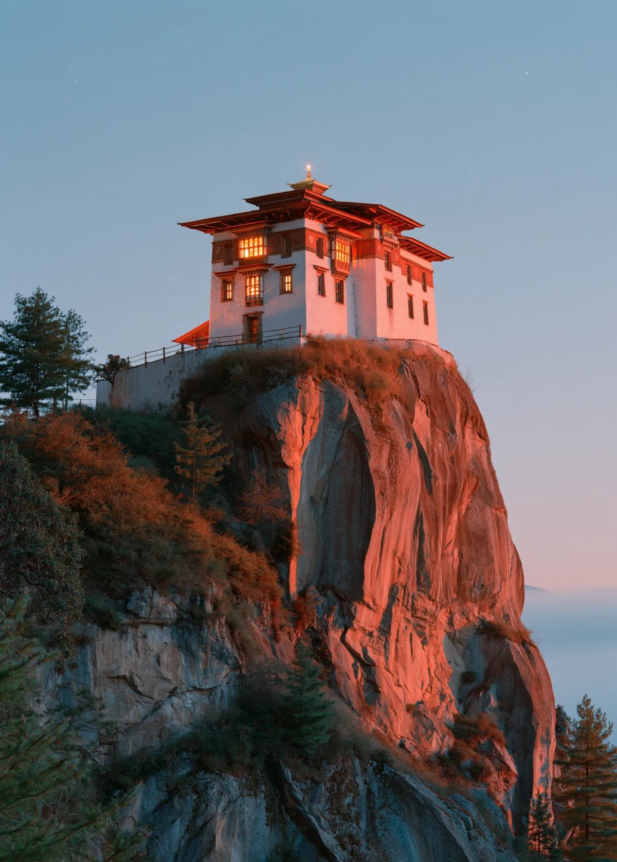 A white Himalayan monastery on a cliff at dawn, its windows lit and the rock face touched by the first sun